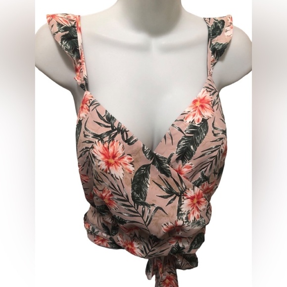 Express VTG Y2K Hawaiian Print Wrap Style Crop Top M Smock Back Floral Ruffles - Picture 6 of 7